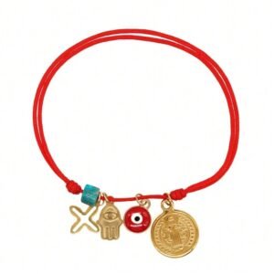 Pulsera roja con cruz, mano de fatima y ojo turco