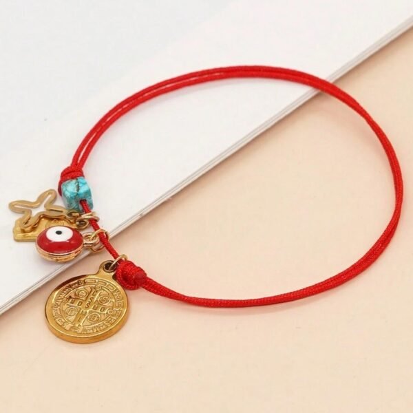 Pulsera roja con cruz, mano de fatima y ojo turco