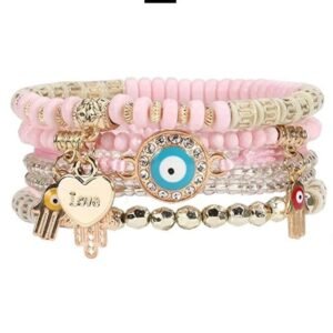 Pulsera de piedras y ojo turco color rosa claro