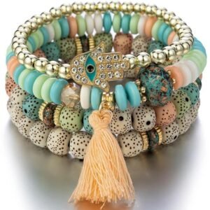 Set de 4 pulseras con piedras con mano de fatima multicolor