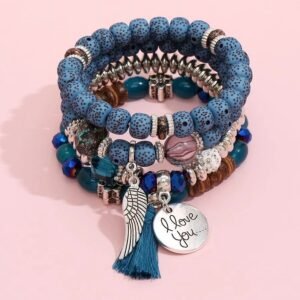 Set de 4 pulseras con piedras con ala de angel azul
