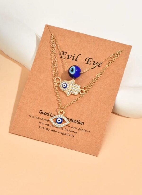 Set de 3 collares con diseno de mano de fatima y ojo turco