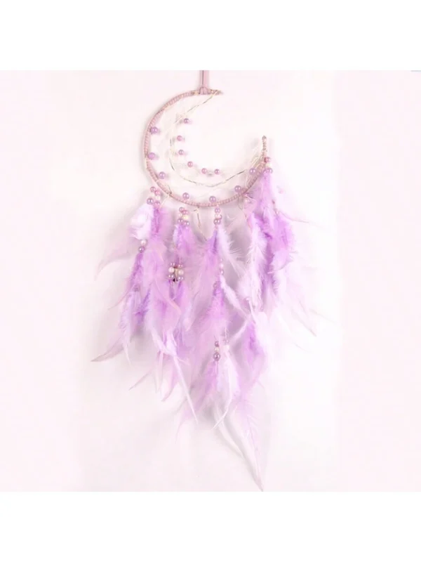 Atrapasueno en forma de luna y plumas rosado y blanco