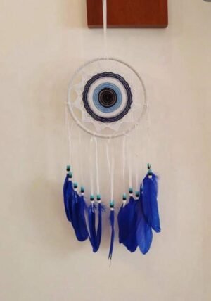 Atrapasuenos redondo de ojo turco y plumas